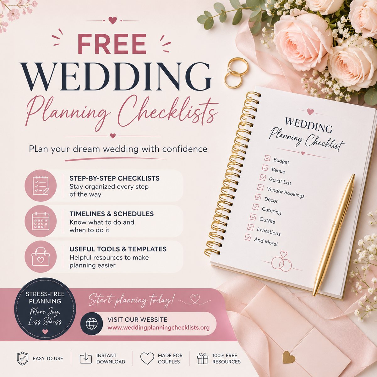 Free wedding planning checklist notebook with roses and gold pen