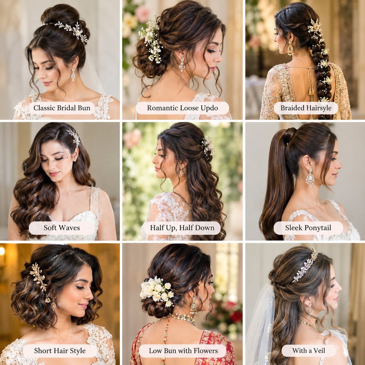 Nine bridal hairstyle ideas including bun, loose updo, braid and waves