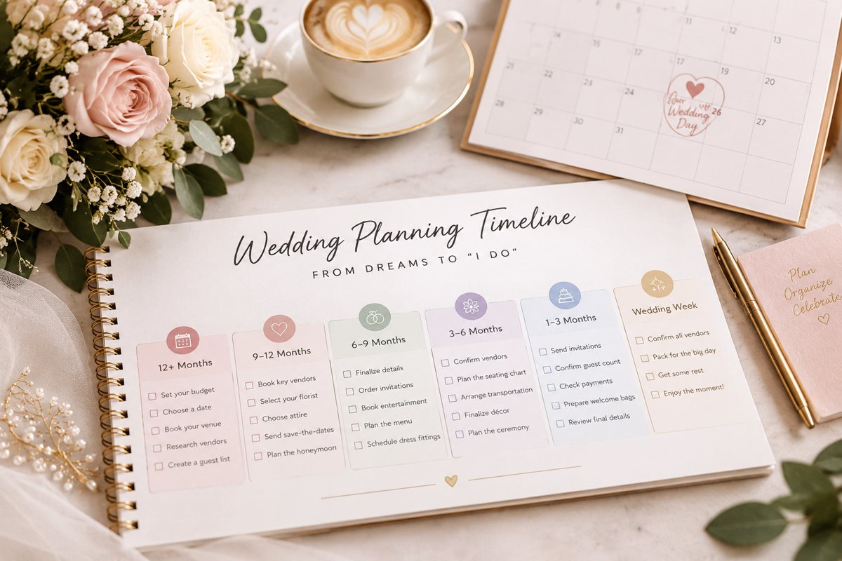 Wedding planning timeline planner from 12 months to wedding week