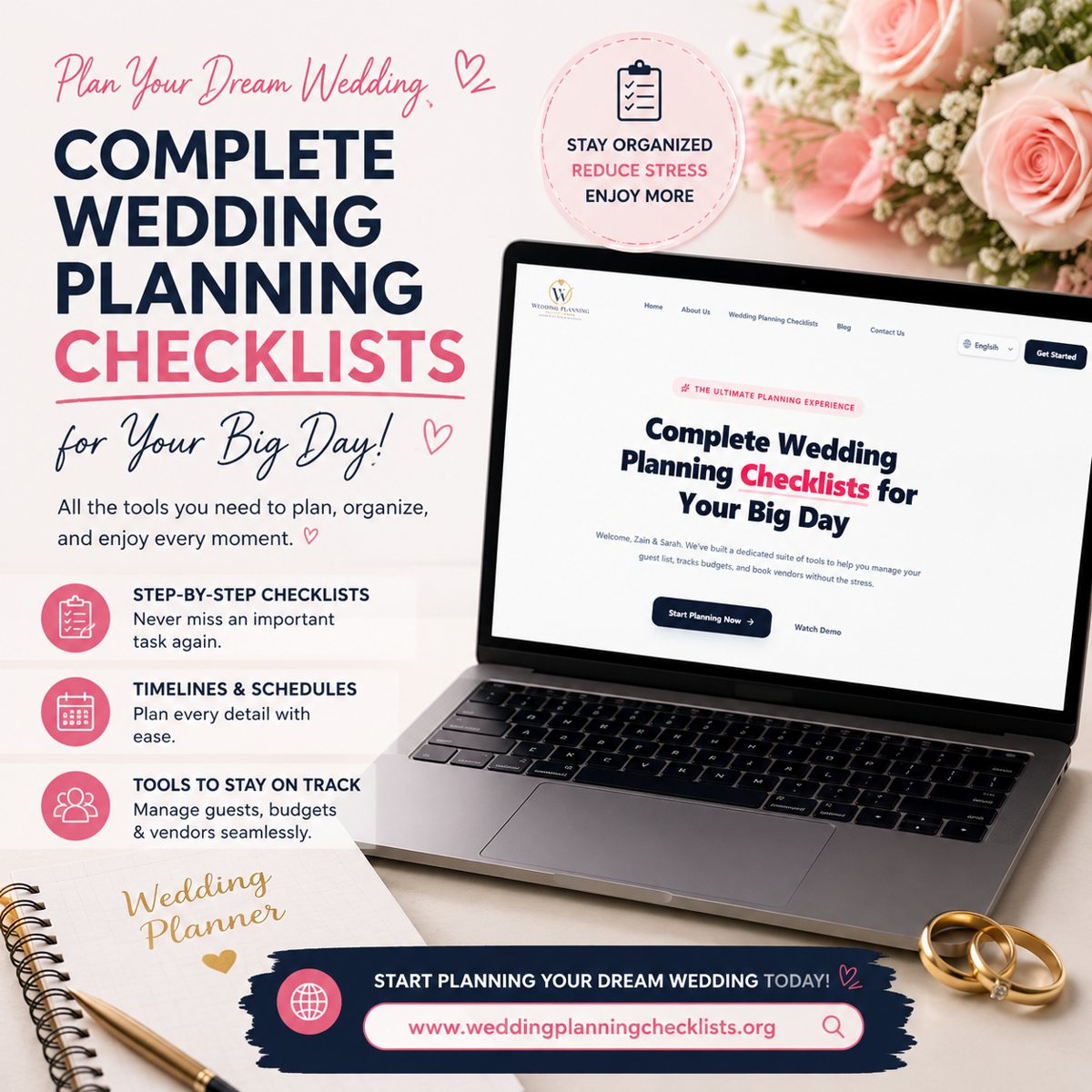 Wedding Planning Checklists website on a laptop with a planner and wedding rings